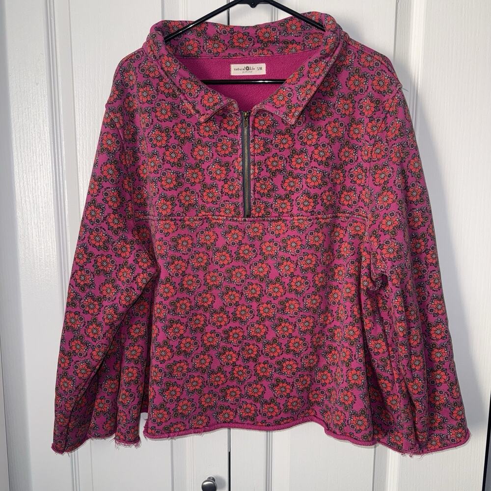 Natural Life 1/4 Zip Sweatshirt S/M Pink Floral Boho Cottagecore Cozy Pullover